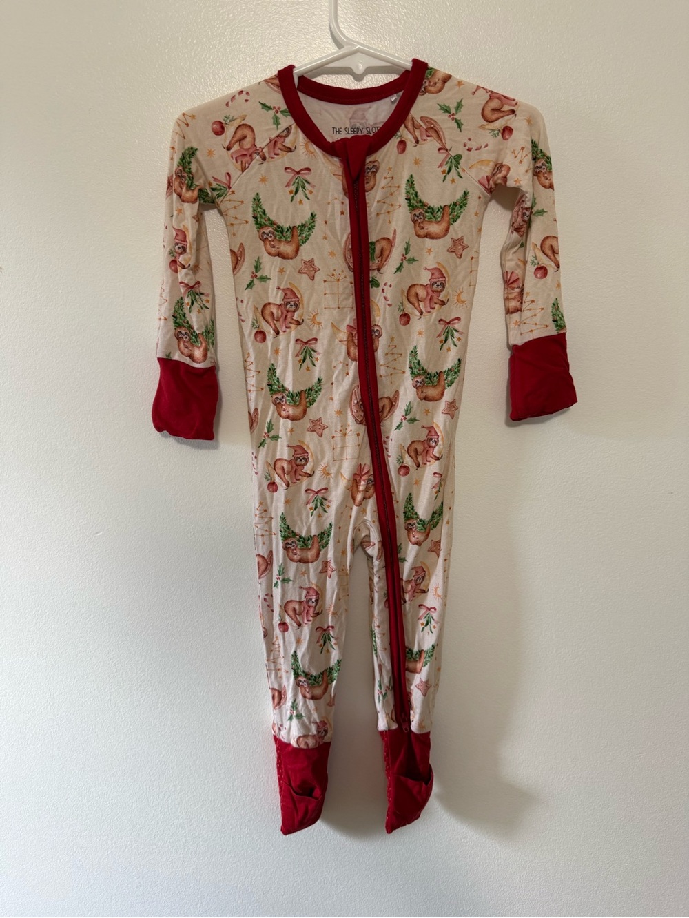 The Sleepy Sloth Holiday Sloth Footed One-Piece with Red Trim